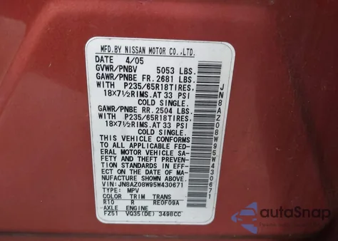 2005 Nissan Murano Sl из США, поврежденный, VIN JN8AZ08W95W430671